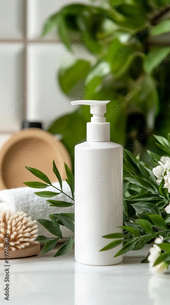Elegant white pump bottle surrounded by greenery and spa essentials, perfect for beauty and skincare product displays. Elegant white pump bottle surrounded by greenery and spa essentials, perfect for beauty and skincare product displays.