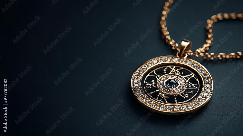 Zodiac-themed jewelry design on a dark background, elegant and mystical aesthetic Zodiac-themed jewelry design on a dark background, elegant and mystical aesthetic