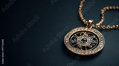 Zodiac-themed jewelry design on a dark background, elegant and mystical aesthetic