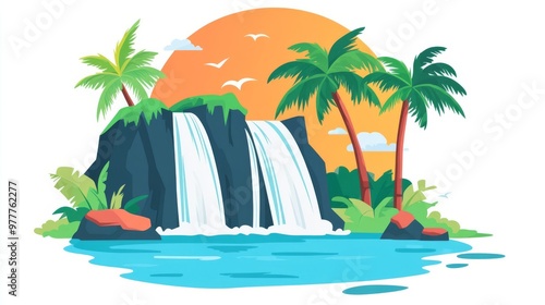 Illustration of a tropical waterfall scene with palm trees and a setting sun, perfect for nature and travel themed projects.