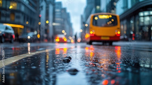 A rainy urban street scene reflecting colorful lights, showcasing a yellow taxi amidst modern architecture and wet pavement.