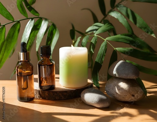 Aromatherapy candles and oils on a wooden table with natural elements like stones and plants