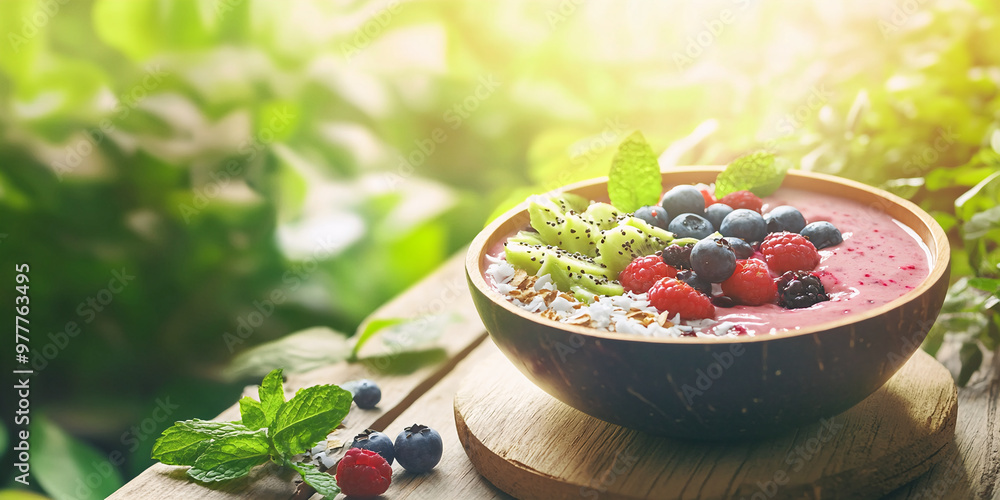 A healthy breakfast with a smoothie bowl filled with mixed berries, coconut flakes and mint leaves against a backdrop of greenery A healthy breakfast with a smoothie bowl filled with mixed berries, coconut flakes and mint leaves against a backdrop of greenery
