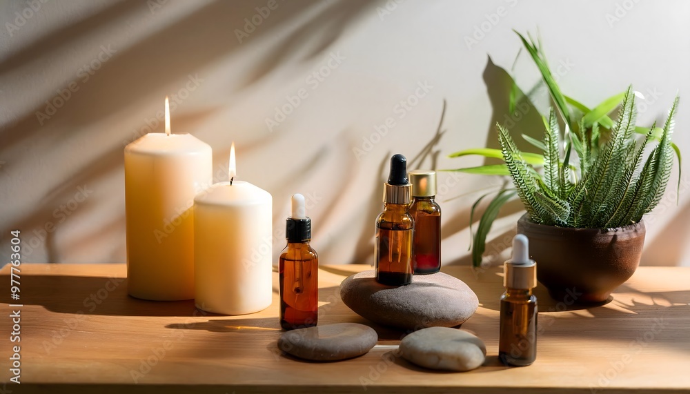 Aromatherapy candles and oils on a wooden table with natural elements like stones and plants Aromatherapy candles and oils on a wooden table with natural elements like stones and plants