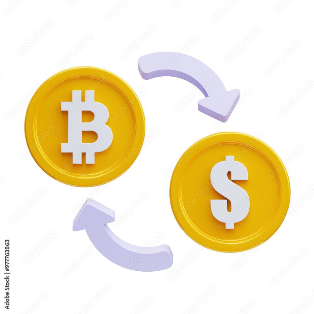 PNG 3D Dollar to Bitcoin Icon Isolated on a White Background PNG 3D Dollar to Bitcoin Icon Isolated on a White Background