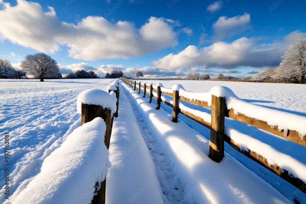 Winter nature landscape of a snow-covered fence running through a quiet field, with soft clouds drifting overhead Winter nature landscape of a snow-covered fence running through a quiet field, with soft clouds drifting overhead