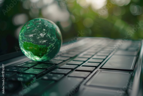 A green globe sits on top of a keyboard, generative ai image