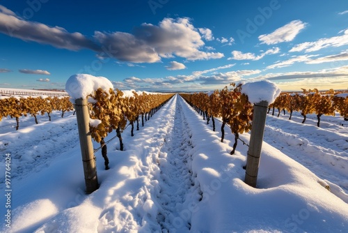 Winter nature landscape of a snow-covered vineyard, with rows of dormant grapevines stretching into the distance photo