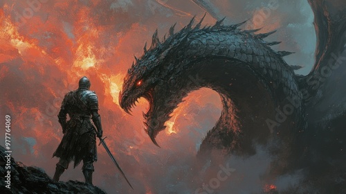 A lone knight faces a fire-breathing dragon amidst a fiery backdrop.