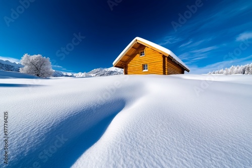 Winter nature landscape of a solitary wooden cabin standing alone in a wide, snow-covered meadow photo