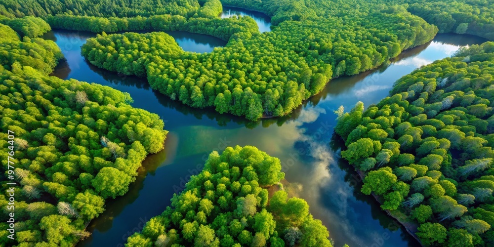 Aerial View of a River Winding Through Lush Green Forest, Aerial Photography, Forest River, Nature Aerial View of a River Winding Through Lush Green Forest, Aerial Photography, Forest River, Nature