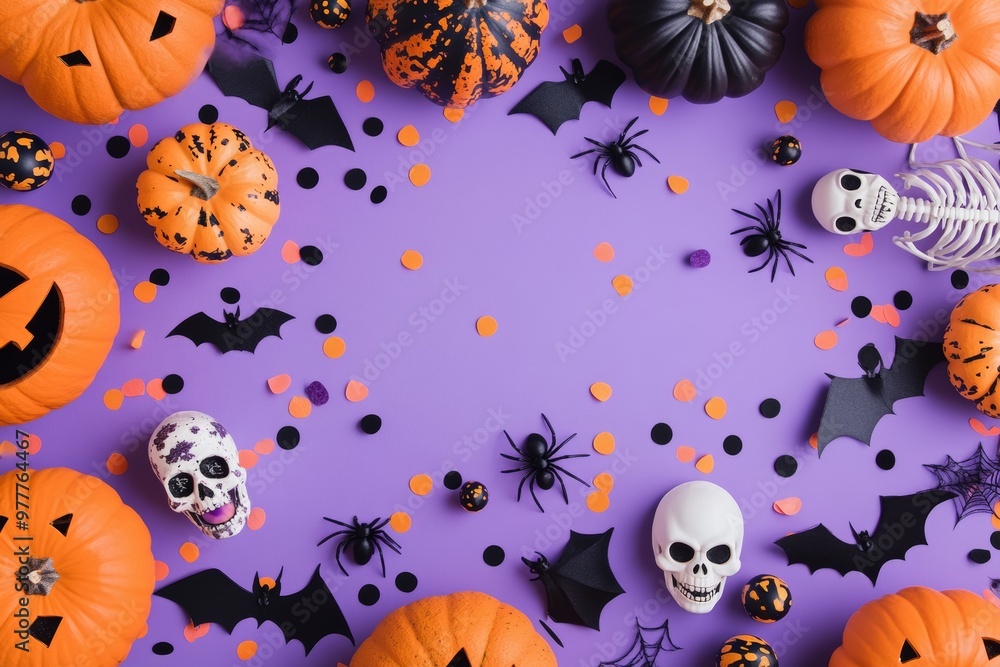 Halloween flat lay pumpkins, bats, spiders skeletons on violet background with confetti Halloween flat lay pumpkins, bats, spiders skeletons on violet background with confetti