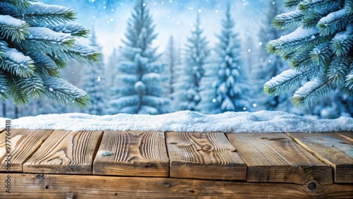 A beautiful stock photo of an old wood texture covered in snow with a firtree in the background photo