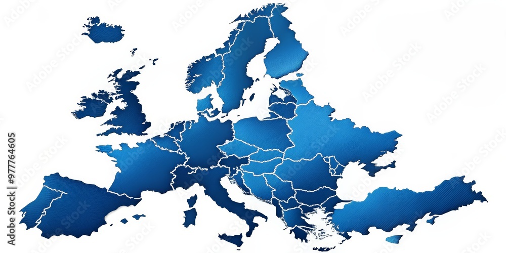 Obraz premium Blue European Map with Country Borders, Digital Illustration, Map of Europe, Country, Europe, Continent