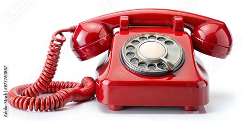 Classic Red Rotary Phone, Isolated on White Background, Red, Vintage, Communication, Telephone, Retro photo