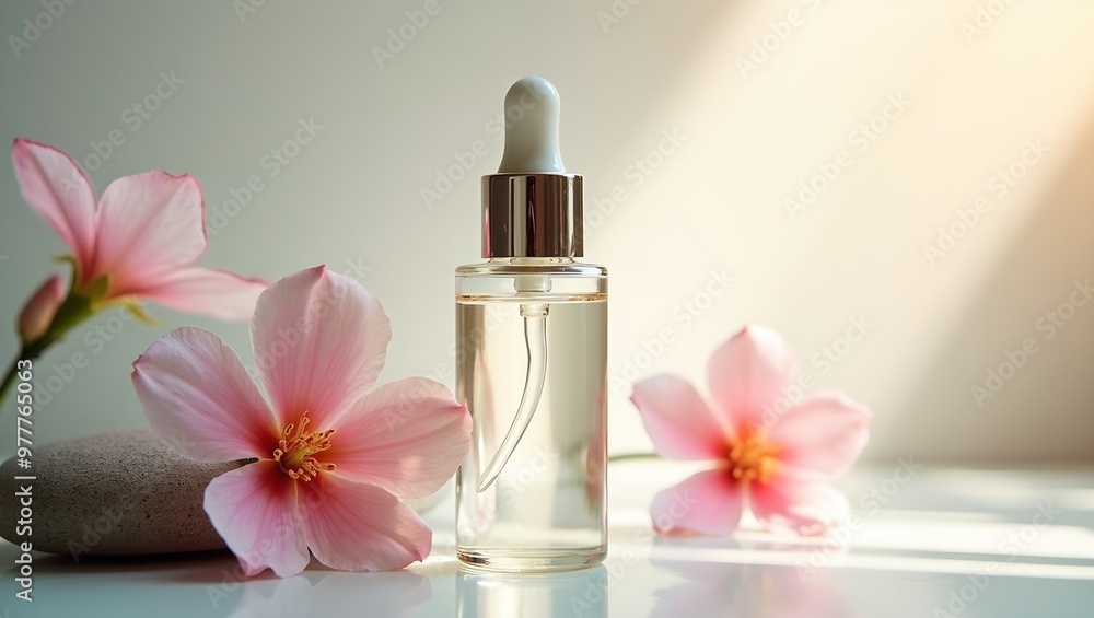 Luxurious serum bottle with flower and stone in soft sunlight Luxurious serum bottle with flower and stone in soft sunlight