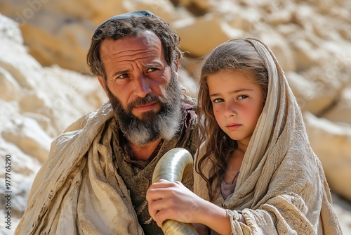 A bearded man dressed in traditional, ancient robes holds a shepherd’s staff while standing next to a young girl in a desert landscape. photo