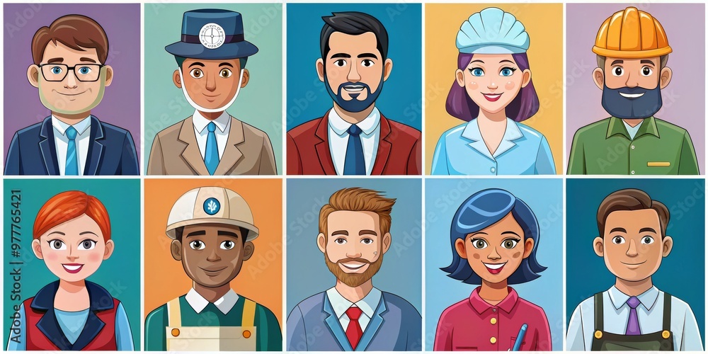 Diverse Professionals Headshots A Collage of 8 Unique Individuals in Various Occupations, Cartoon Illustration, digital art, portrait, avatar, profession Diverse Professionals Headshots A Collage of 8 Unique Individuals in Various Occupations, Cartoon Illustration, digital art, portrait, avatar, profession