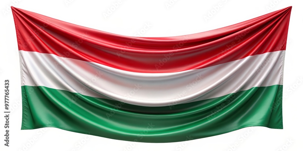 Fototapeta premium Draped Hungarian Flag, 3D Render, White Background, Silk, Symbol, Hungary, National