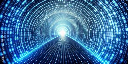 Fototapeta Naklejka Na Ścianę i Meble -  Digital Tunnel A Perspective of Binary Code in a Glowing Blue Tunnel, 3D Render, Data Flow, Cyber, Technology, ,binary code