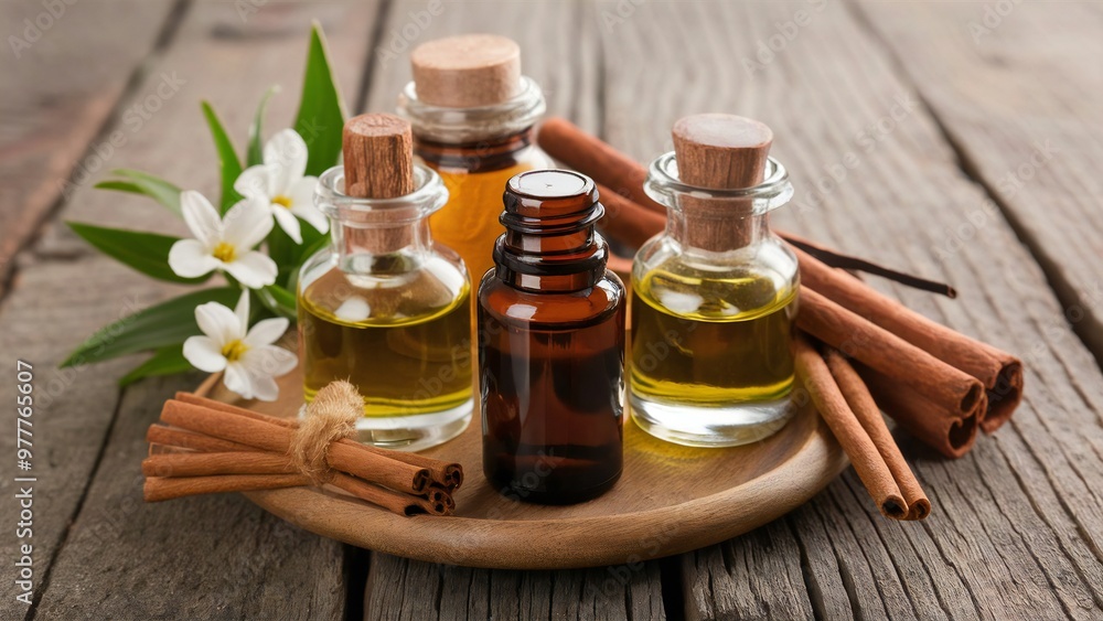 Essential oils featuring jasmine, cinnamon, and vanilla on a rustic wooden table in a retro style. Spa and wellness aromatherapy treatment. Essential oils featuring jasmine, cinnamon, and vanilla on a rustic wooden table in a retro style. Spa and wellness aromatherapy treatment.