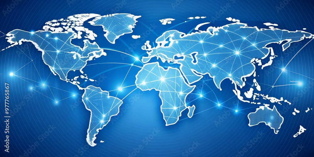 Fototapeta premium Global Network, World Map, Connectivity, Blue Background, Technology, Network, Globe