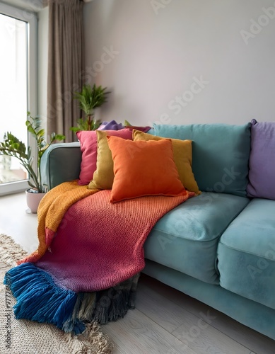 Colorful pillows and a throw beautifully arranged on a sofa, creating a vibrant and cozy