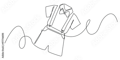 continuous line of set of children's clothes.drawing of one line of children's clothes with suspenders.single line of one set of boy's clothes.isolated white background