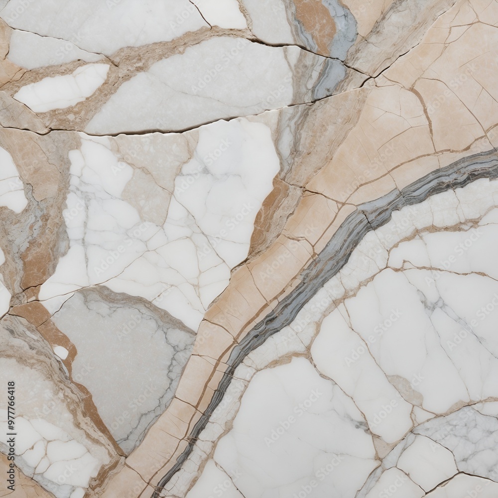 Fototapeta premium close-up view of a marble surface. The marble features a complex pattern of veins and cracks in various shades of white, beige, and light brown, with occasional hints of blue and grey