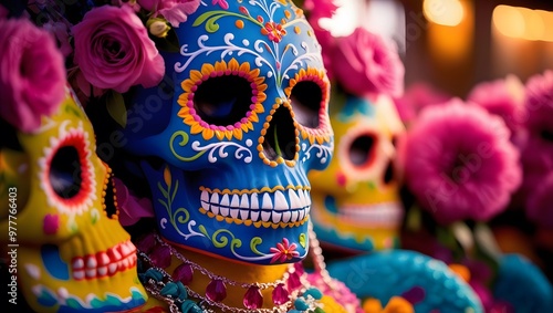 A close-up impressionist painting of a sugar skull, with intricate details and soft, blurred edges, perfect for Day of the Dead