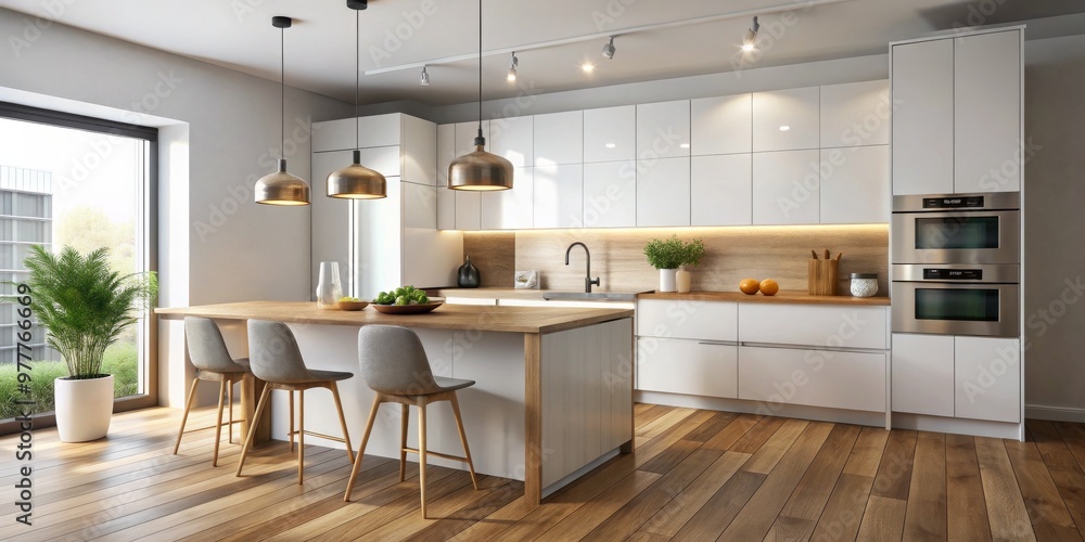 custom made wallpaper toronto digitalModern Kitchen Island with White Cabinets and Pendant Lights, kitchen design, kitchen decor, home decor