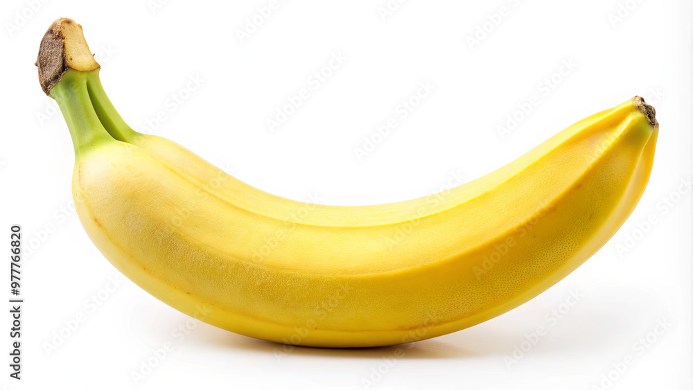 A vibrant yellow banana rests against a clean white background, highlighting its smooth texture and curved shape, perfect for a nutritious snack or smoothie ingredient A vibrant yellow banana rests against a clean white background, highlighting its smooth texture and curved shape, perfect for a nutritious snack or smoothie ingredient