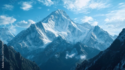 Majestic Snow-Capped Mountain Peak Against a Blue Sky