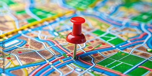 Red Push Pin on Colorful Map, navigation, travel, location photo