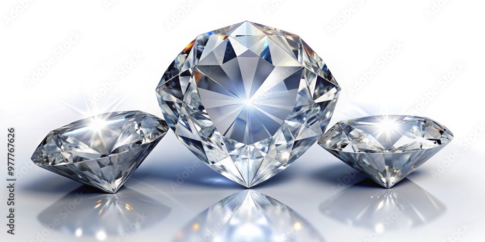 Three Sparkling Diamonds on a White Background, 3D Render, Gemstone, Jewelry, Luxury Three Sparkling Diamonds on a White Background, 3D Render, Gemstone, Jewelry, Luxury