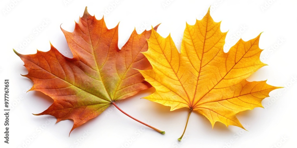 Two Maple Leaves in Autumn Colors, One Red and One Yellow, Isolated on White Background, autumn leaves, fall foliage, maple leaf Two Maple Leaves in Autumn Colors, One Red and One Yellow, Isolated on White Background, autumn leaves, fall foliage, maple leaf