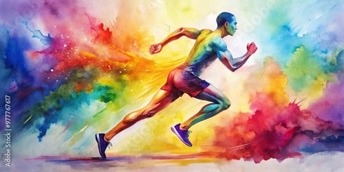 The Runner's Burst Watercolor Painting of a Man Running Through a Colorful Sky, watercolor, painting, athlete,