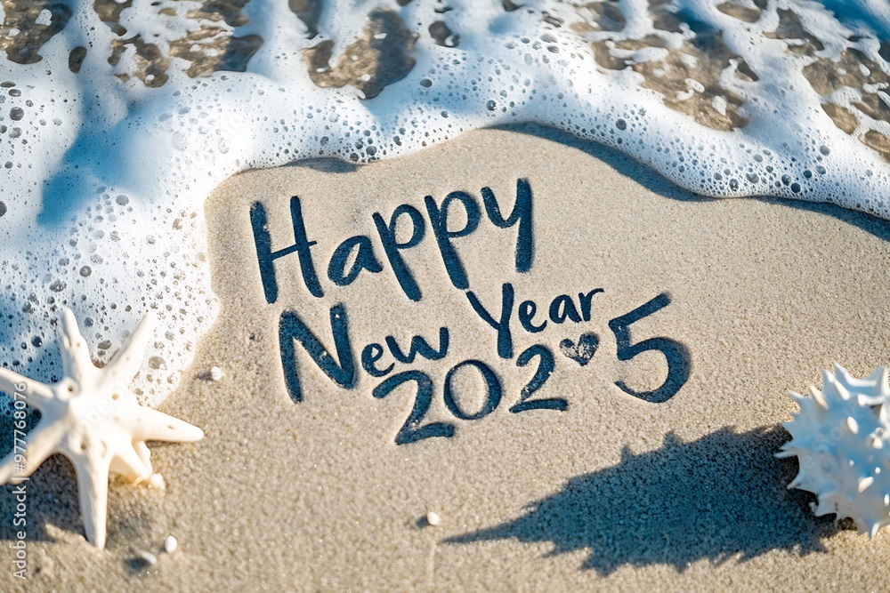 Fototapeta premium Joyful New Year 2025 Message Written in Sand