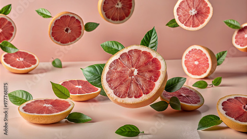 Slices of pink grapefruit hover in mid-air, surrounded by vibrant green leaves against a soft pink backdrop, creating a fresh and lively atmosphere