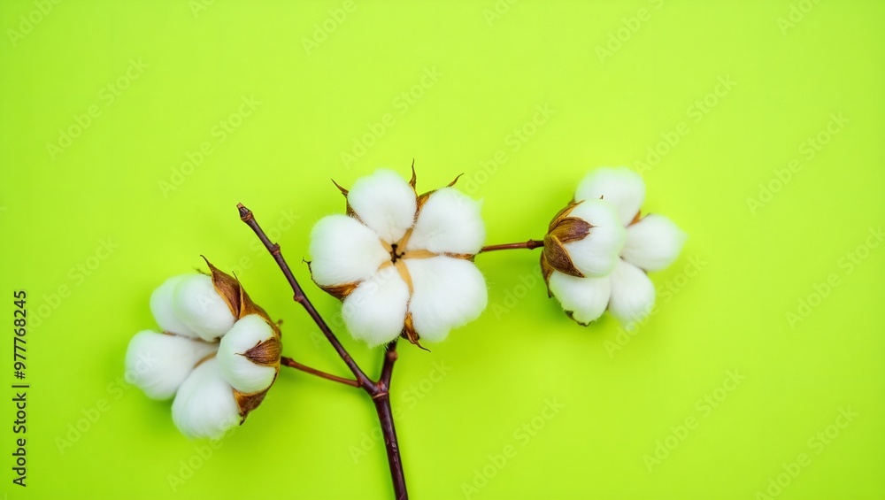 Fresh cotton flowers on lime green backdrop modern and eco friendly concept Fresh cotton flowers on lime green backdrop modern and eco friendly concept