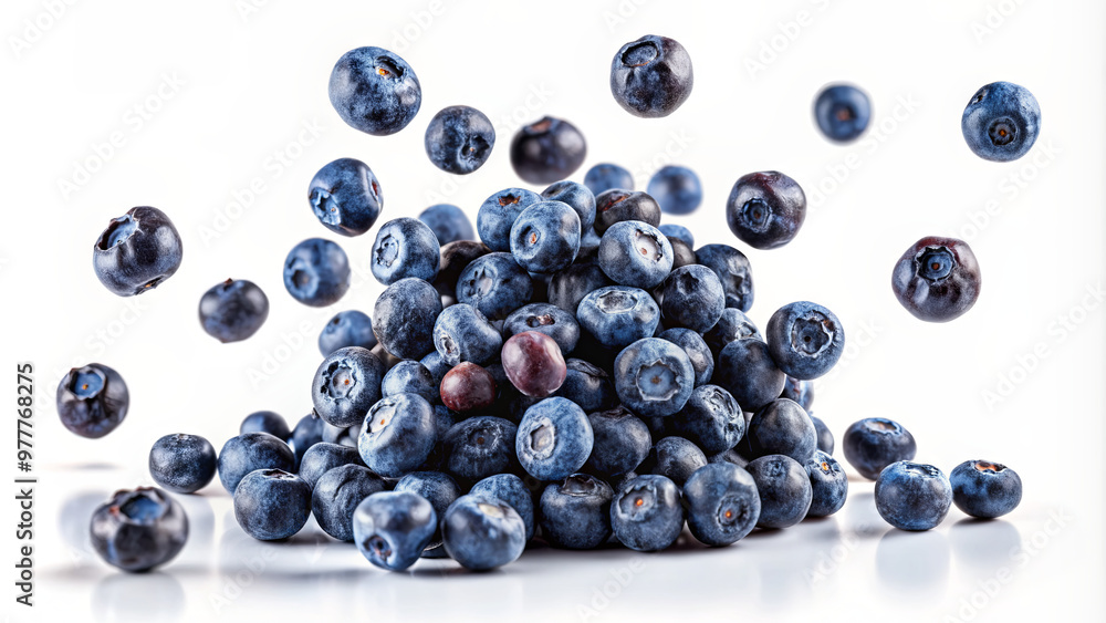 A vibrant pile of blueberries is scattered and splashing mid-air against a clean white background, showcasing their freshness and juiciness A vibrant pile of blueberries is scattered and splashing mid-air against a clean white background, showcasing their freshness and juiciness