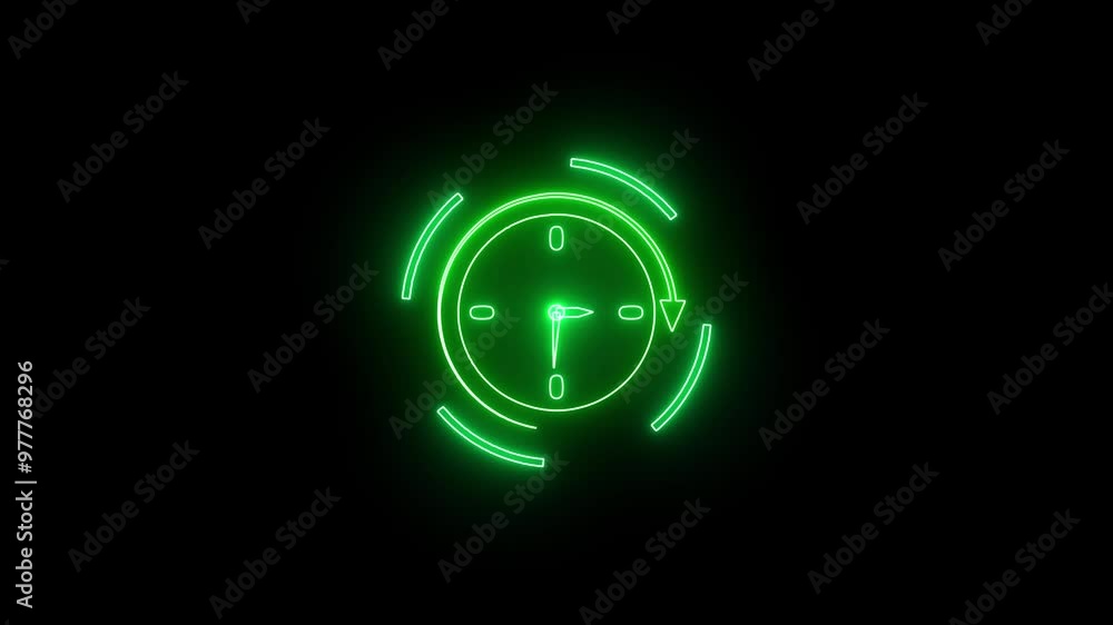 Abstract neon clock and watch icon, green animation . on black background Abstract neon clock and watch icon, green animation . on black background