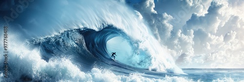Surfer riding a massive wave under a dramatic sky during sunrise at the beach