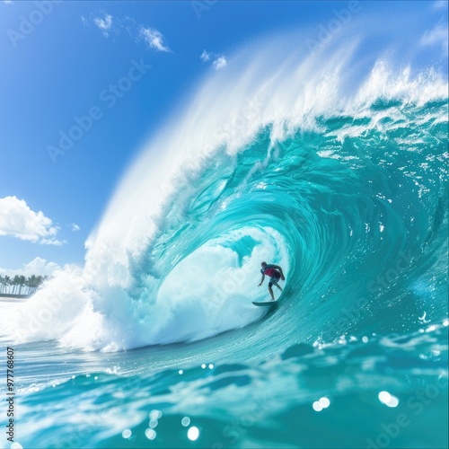 Surfer riding a powerful blue wave on a sunny beach in the afternoon