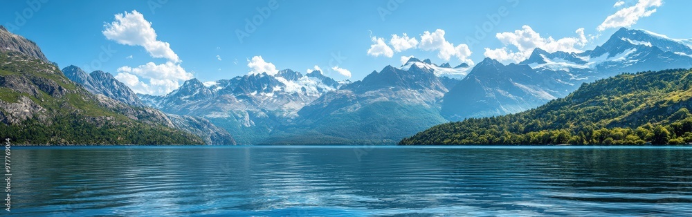 Panoramic View of Snow-Capped Alaskan Mountains and Reflecting Blue Lake Panoramic View of Snow-Capped Alaskan Mountains and Reflecting Blue Lake