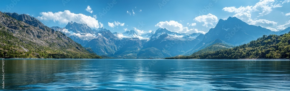 Panoramic View of Snow-Capped Alaskan Mountains and Reflecting Blue Lake Panoramic View of Snow-Capped Alaskan Mountains and Reflecting Blue Lake