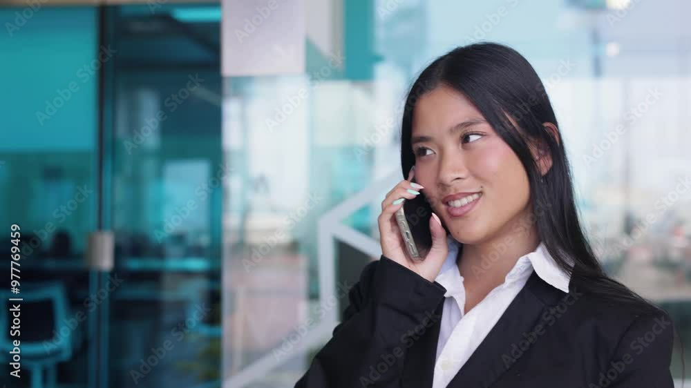Businesswoman wearing a suit is having a pleasant conversation on her phone Businesswoman wearing a suit is having a pleasant conversation on her phone