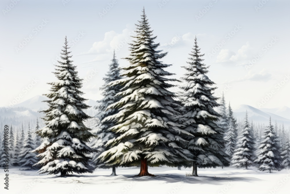 A tranquil winter landscape with snow-covered fir trees standing majestically against a serene sky. A tranquil winter landscape with snow-covered fir trees standing majestically against a serene sky.