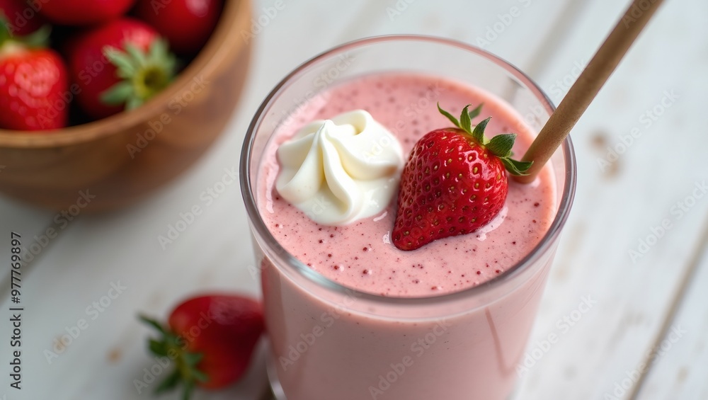 Refreshing strawberry smoothie with whipped cream and fresh berries on a wooden table top view Refreshing strawberry smoothie with whipped cream and fresh berries on a wooden table top view