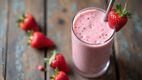 Fresh strawberry smoothie with metal straw on rustic wooden table topped with sliced berries